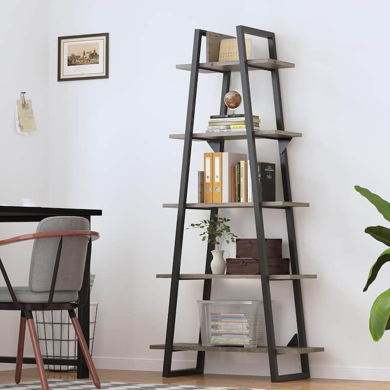 5-Tier Metal Ladder Bookshelf, Rustic Bookcase with Open Display Shelves
