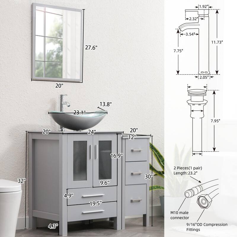 36" Bathroom Vanity Sink Gray Set with Side Cabinet Vessel Sink Mirror Faucet Combo