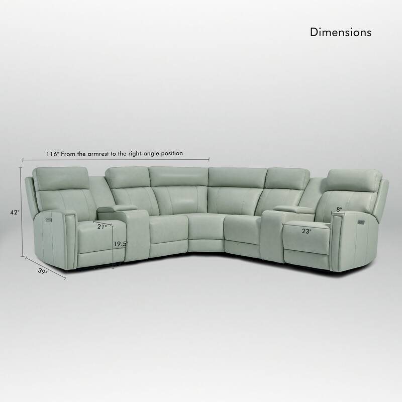 7PCS, 3 Power Recliners, Leather Reclining Sectional with Power Headrest & Lumbar, USB Port & USB-C Port