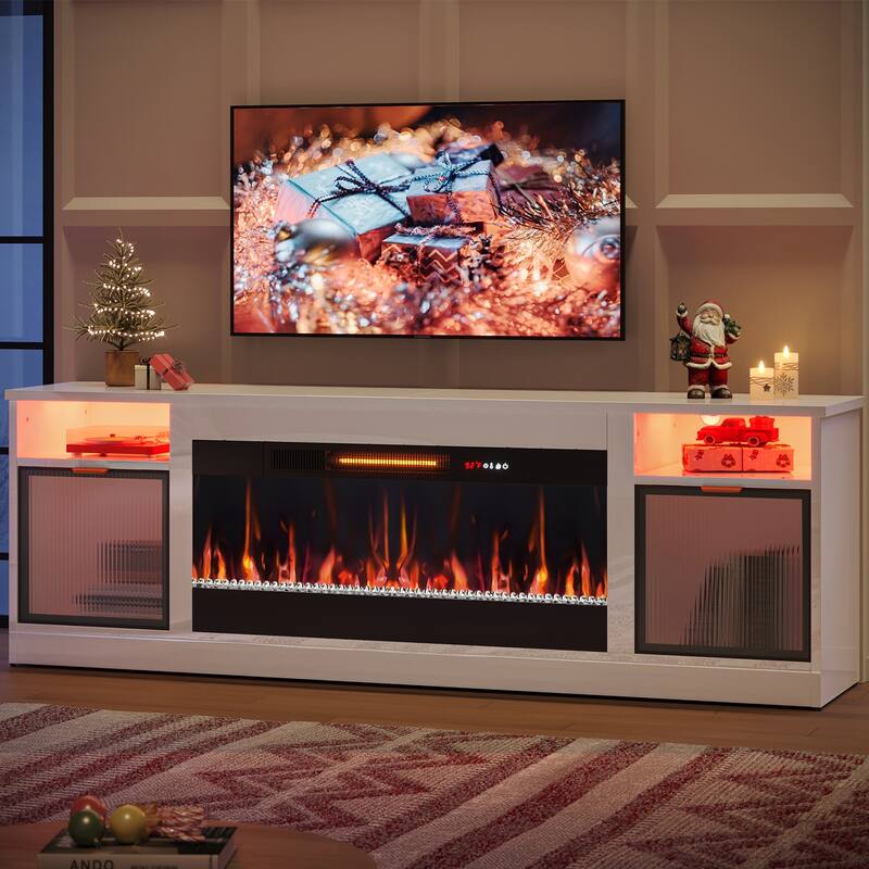 Bestier 71 in. Freestanding Fireplace TV Stand for TVs Up to 80 in. with Ample Storage in Glossy - 22.83hx71wx15.75d