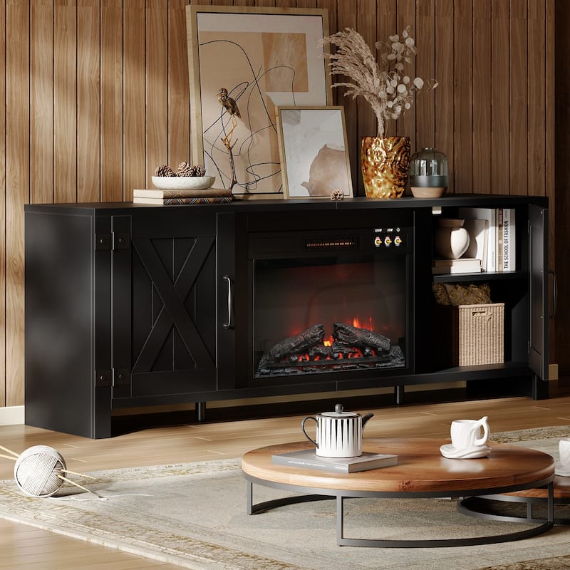 Bestier 63" Fireplace TV Stand for TVs, Farmhouse Barn Door Entertainment Center with Electric Heater, Adjustable Shelves