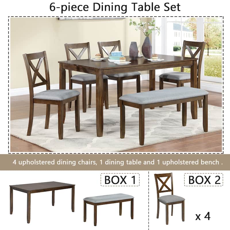 GDFStudio - Brookline 6-Piece Transitional Rectangular Wooden Dining Table Set with 4 Upholstered Chairs & 1 Bench