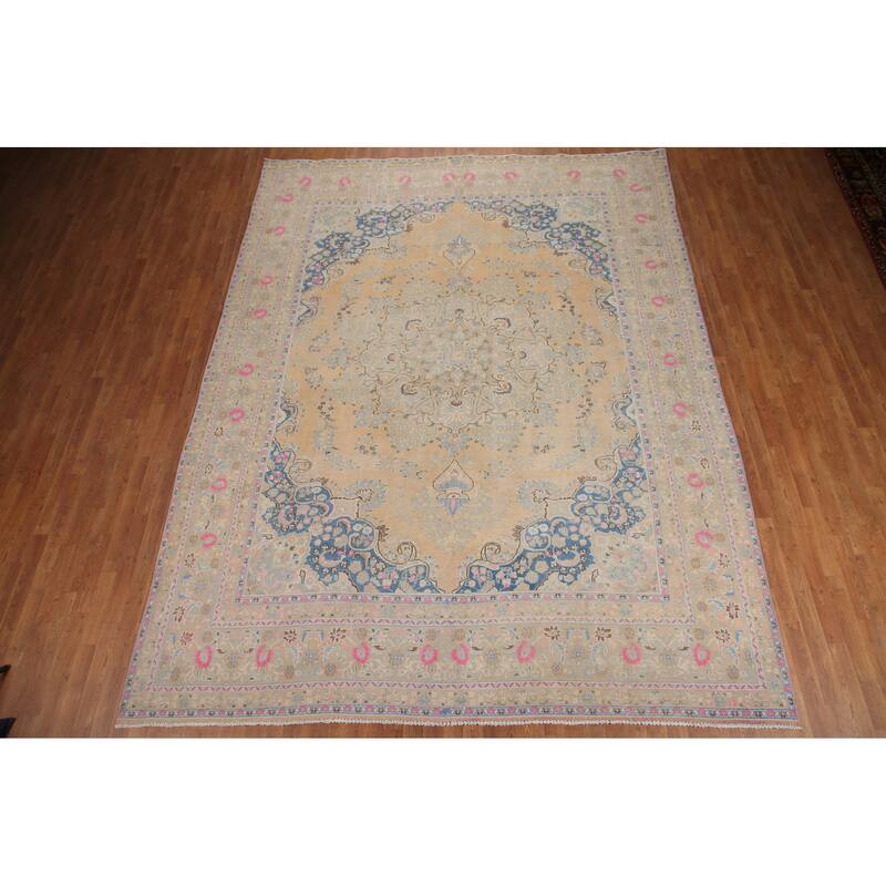 Hand Knotted Oriental 100% Wool Carpet Traditional Floral Peach Tabriz Area Rug - 12' 6'' X 9' 6''