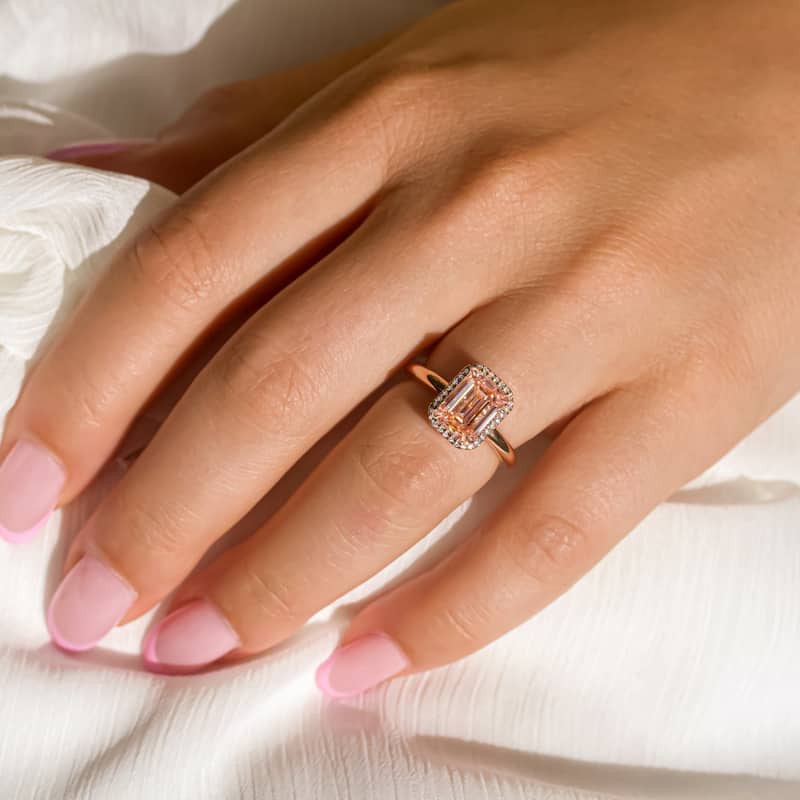 Kobelli 3.23 Carat Lab Fancy Intense Pink Diamond IGI Certified 18k Solid Rose Gold Emerald-cut Halo Comfort Fit Plain Band Ring