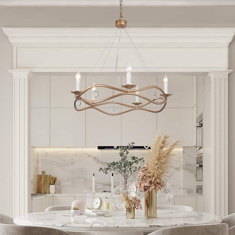 Modern Gold 5-light Linear Chandelier Wagon Wheel Candle Ceiling Lighting with Crystal Drop - D25"xH31.5"