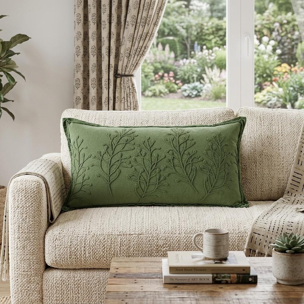 HomeRoots 14" X 26" Green Tone on Tone Botanical Throw Pillow With Embroidery