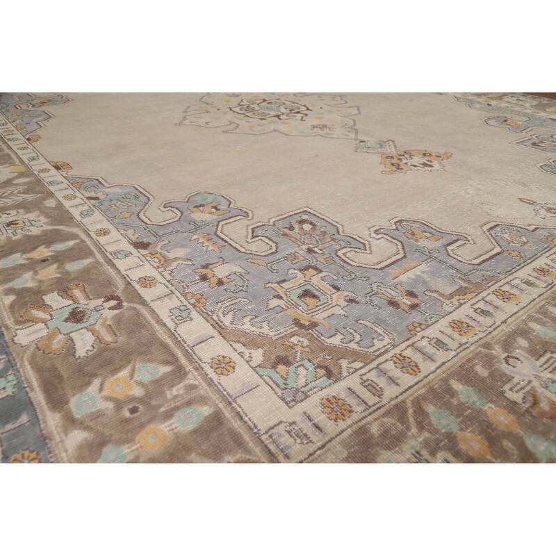 Medallion Tabriz Persian Area Rug Beige Handmade Wool Carpet - 9'1"x 11'0"