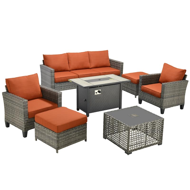 OVIOS 7 Pieces Patio Furniture Set with Solar-Powered Table & Fire Pit