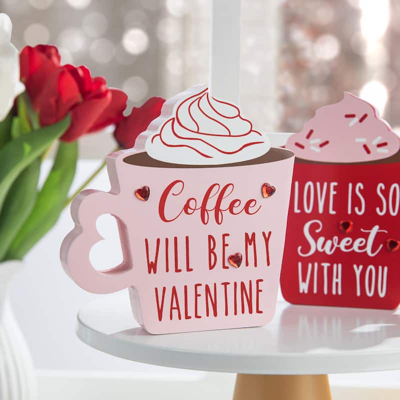 Glitzhome Set of 2 Wooden Valentine's Coffee Cup Table Decor