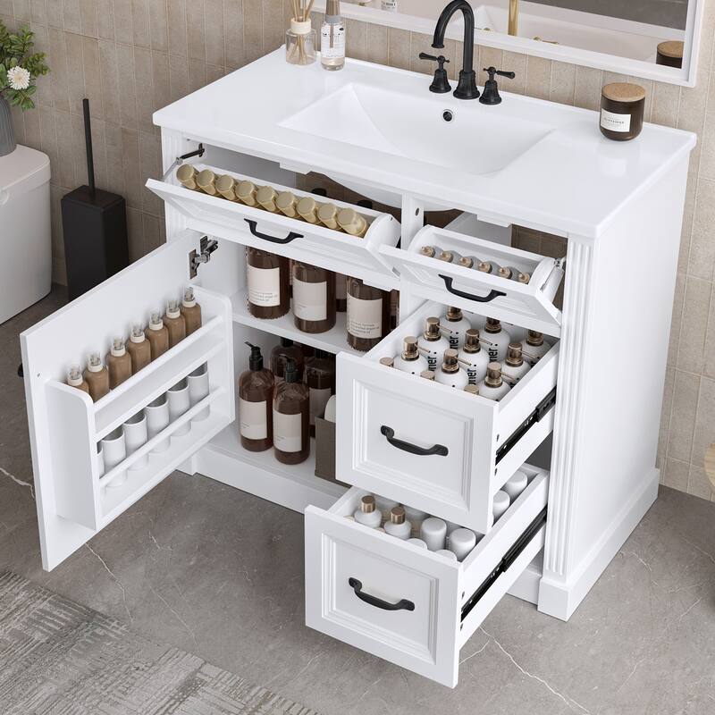 36 Inch Bathroom Vanity with Sink, Floor Mount Bathroom Storage Cabinet with Ceramic Basin