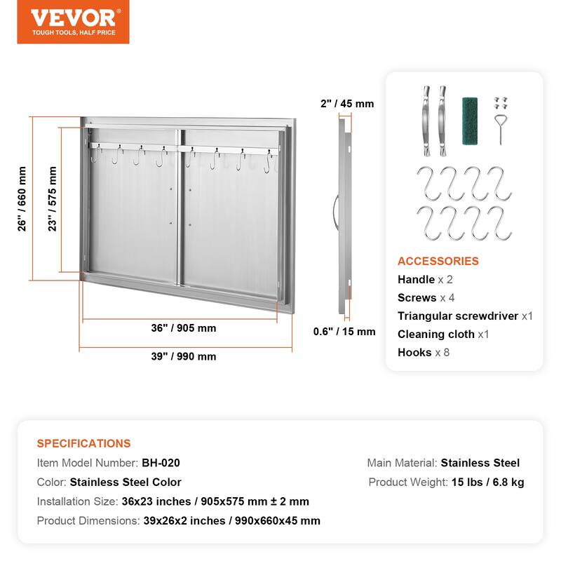 VEVOR BBQ Access Door, Stainless Steel Flush Mount, with Handles and Hooks