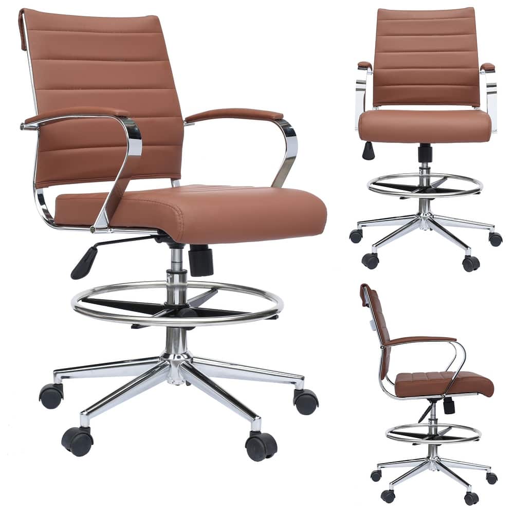 Modern Office Mid Back Drafting Chair Stools With Arms Tilt Wheels PU Leather Swivel For Work Office Standing Desk