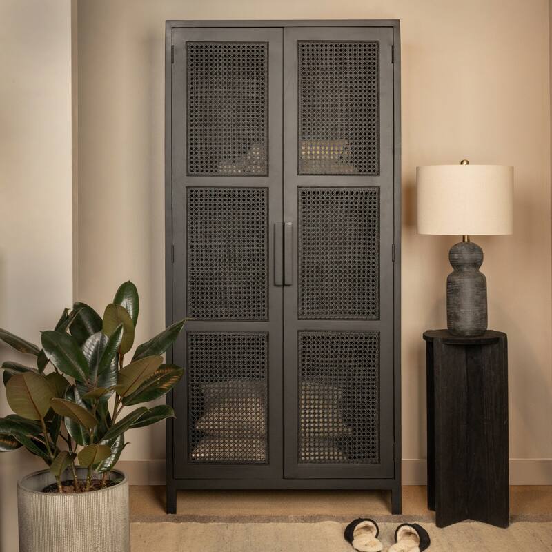 Mango Wood and Cane Curio Cabinet with 3 Shelves and 2 Doors