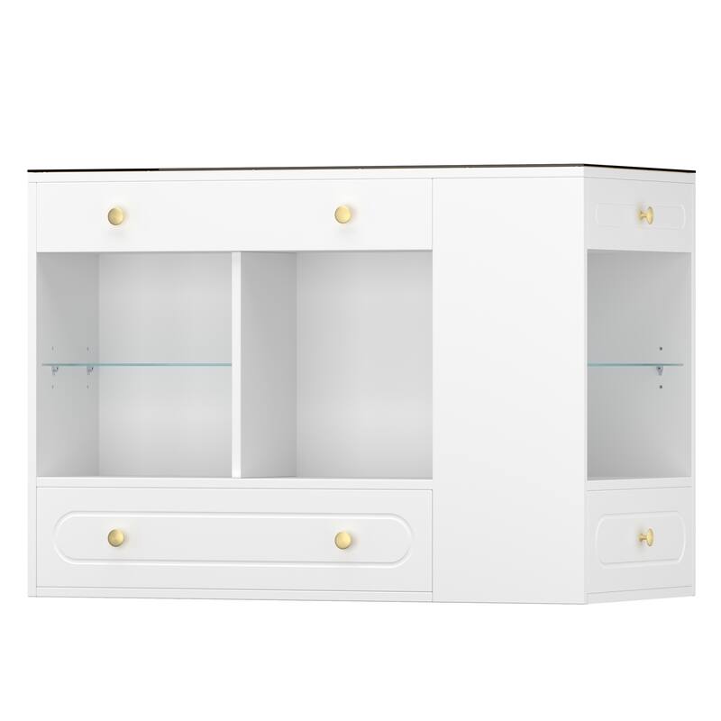 Roomfitters Closet Island with 6 Drawers, Glass Display Top and Open Shelves, Wardrobe Storage and Jewelry Vanity