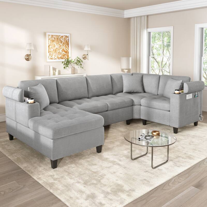 115.7" Modern Oversized U-shaped Sectional Sofa with Built-in Cup Holders, Storage Space and USB Ports
