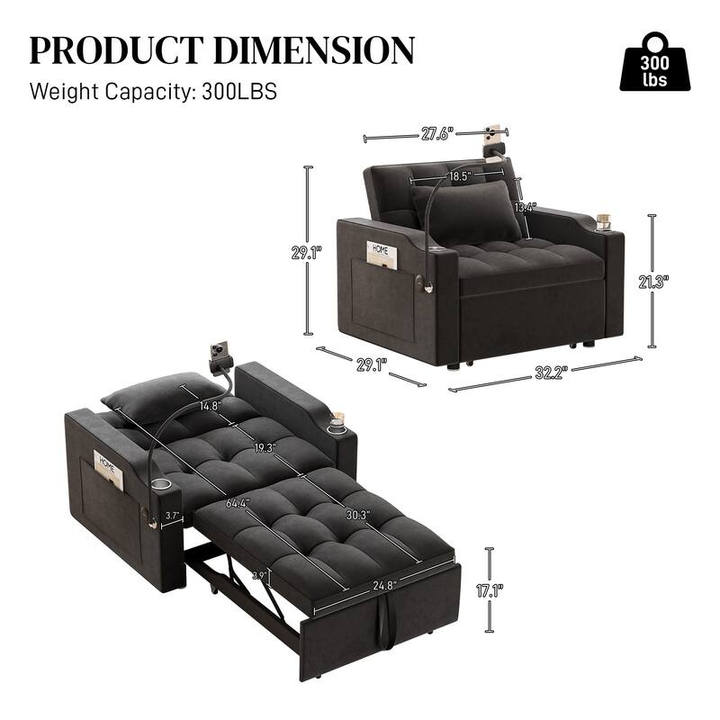 Ouyessir 3 in 1 Multi-Functional Convertible Single Sleeper Sofa Bed for Small Living Spaces