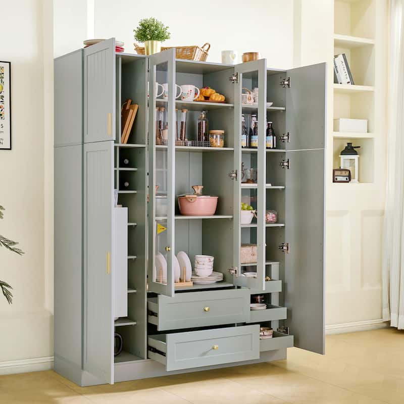 53" Modern Kitchen Pantry Cabinet with 6 Doors, Pull-Out Trays & Wine Rack