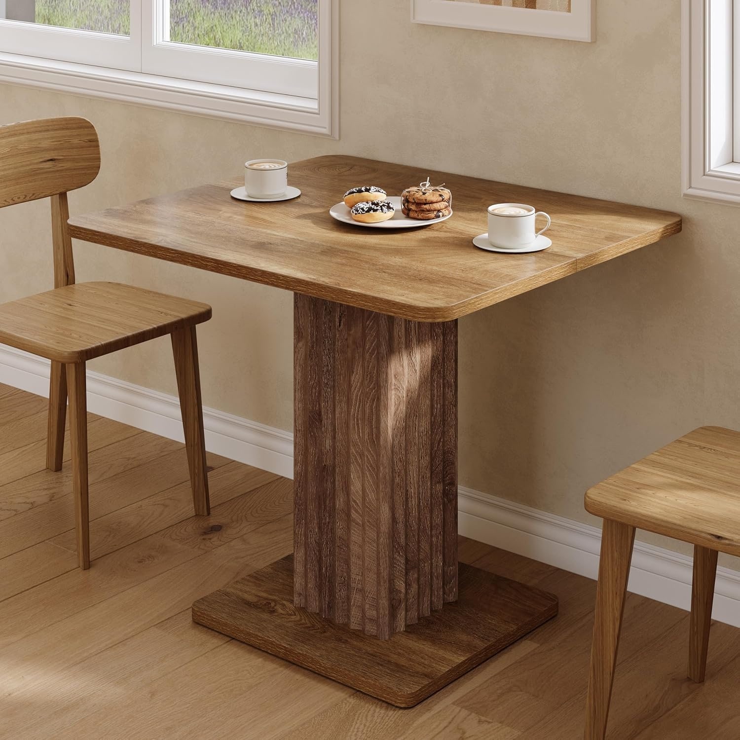 35.43" Farmhouse Wooden Dining Table with Fluted Base, Seating for 2-4 People