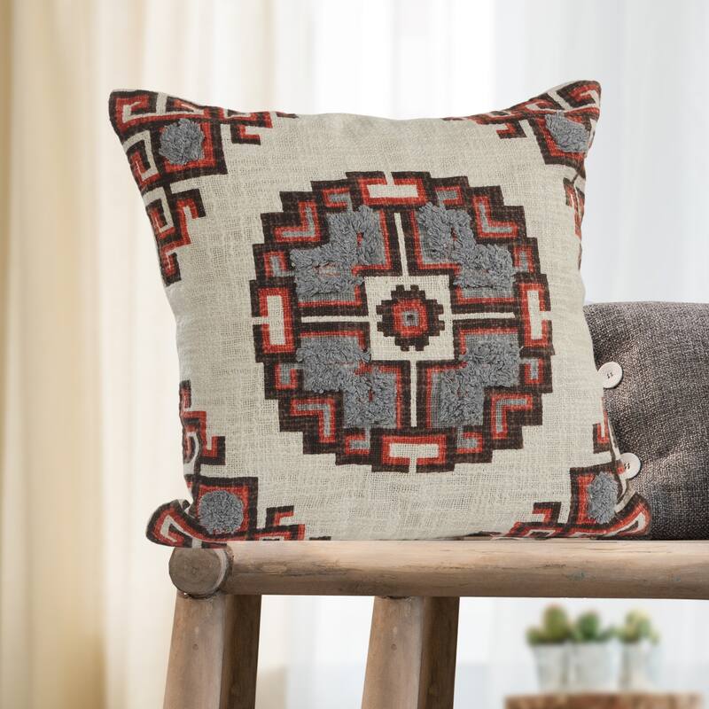 Handwoven Medallion Square Cotton Throw Pillow Cover - 18" - Cream and Gray