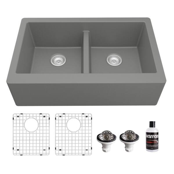 slide 2 of 63, Karran Farmhouse Apron Front Quartz Double Bowl Kitchen Sink Kit Grey