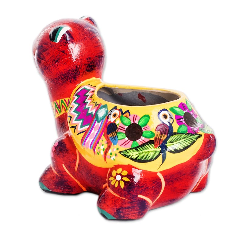 Novica Handmade Floral Turtle Small Ceramic Flower Pot