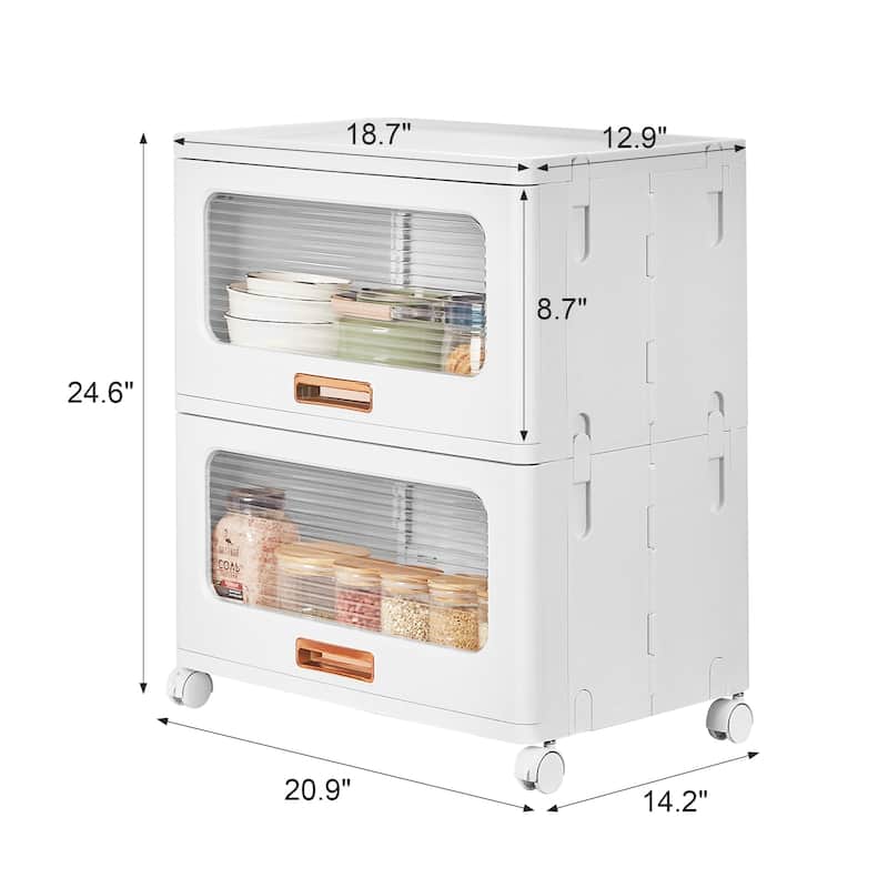 VECELO 1-Tier & 2-Tier White Plastic Rolling Storage Cabinet with Wheels & Transparent Drawers No Tools Assembly for Bedroom