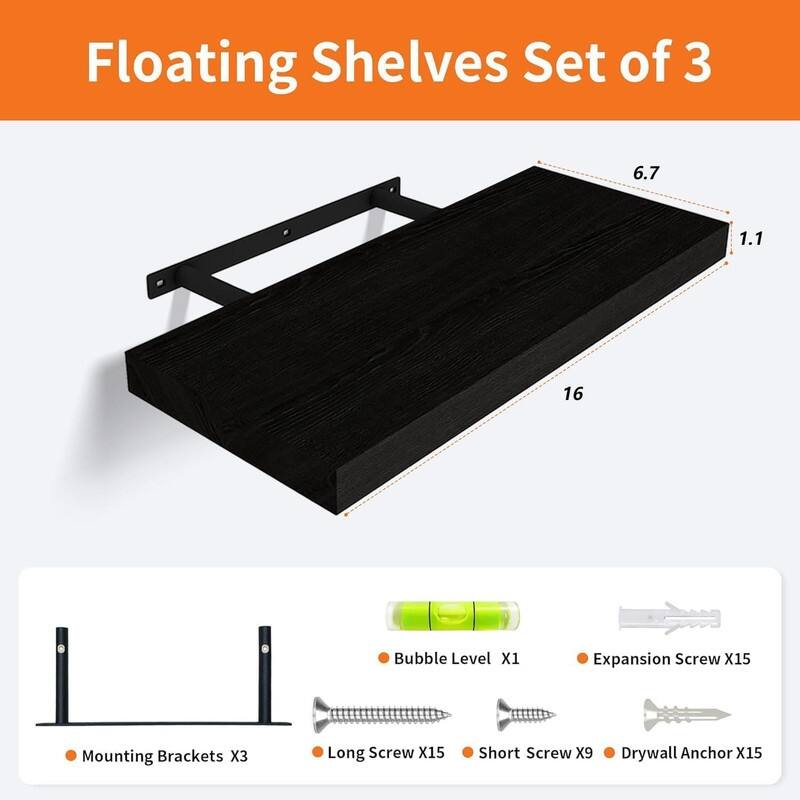 Floating Shelves for Wall Set of 3, 16" Rustic Wood Wall Shelves - 6.7"D x 16"W x 1"H