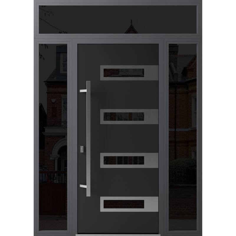 Front Exterior Prehung Steel Door Ronex 0131 Black Enamel Stainless Inserts Entry Metal Painted W36xH80 Left hand Inswing - Black - 60 x 96