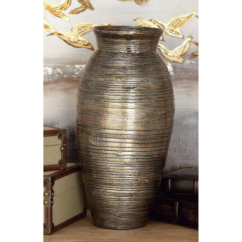 Brown Bamboo Wood Textured Decorative Vase with Lacquer - Brown