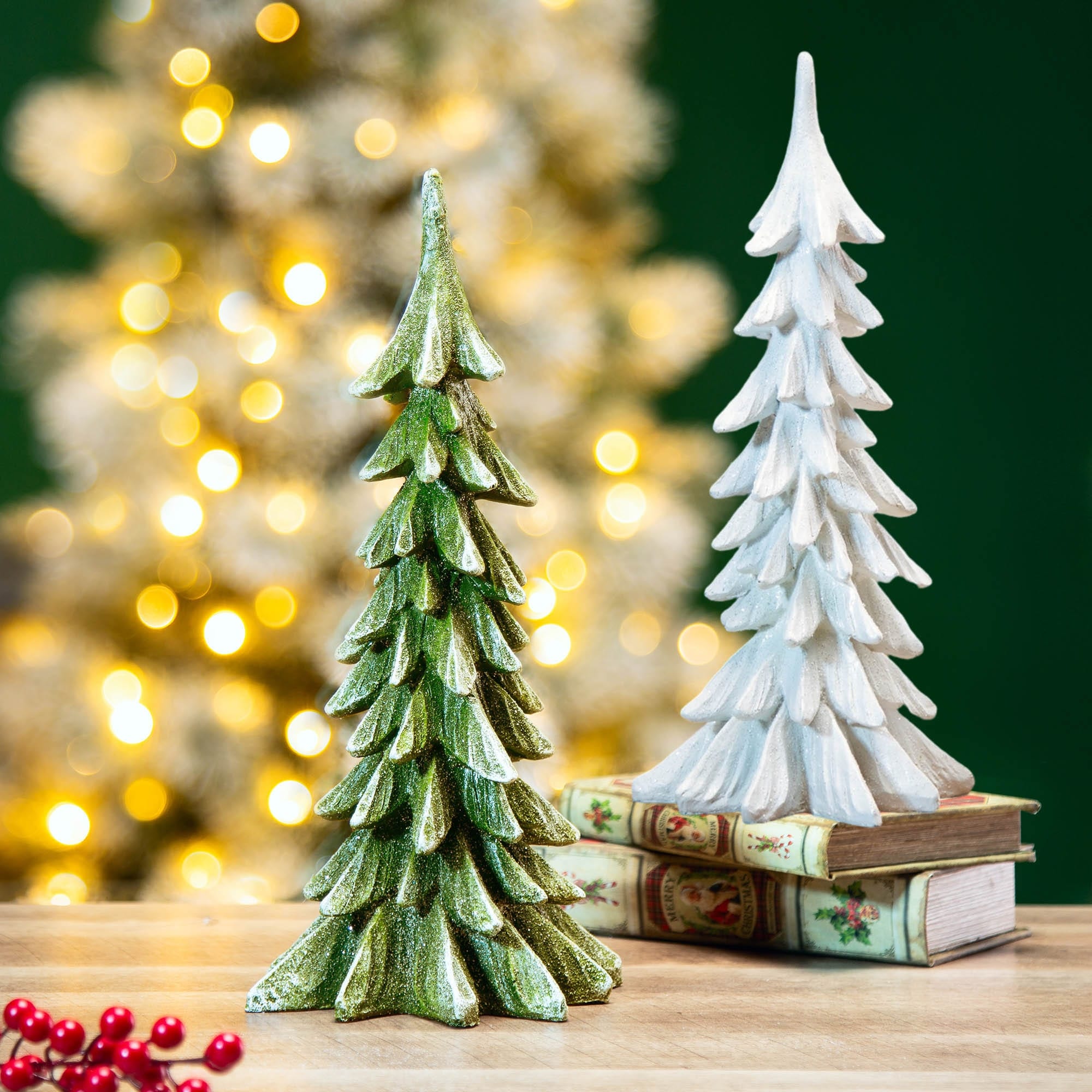 Glitzhome 15"H Resin Mini Christmas Table Tree for Home Standing Ornaments Party Desktop Decoration
