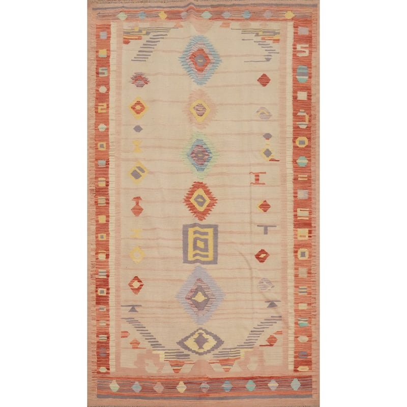 Hand Woven Oriental 100% Wool Carpet Southwestern Tribal Beige & Ivories Kilim Area Rug - 8' 3'' X 4' 11''