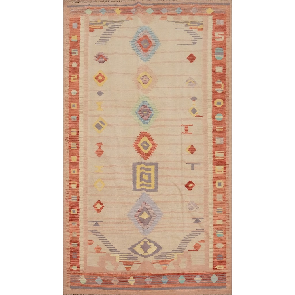 Hand Woven Oriental 100% Wool Carpet Southwestern Tribal Beige & Ivories Kilim Area Rug - 8' 3'' X 4' 11''