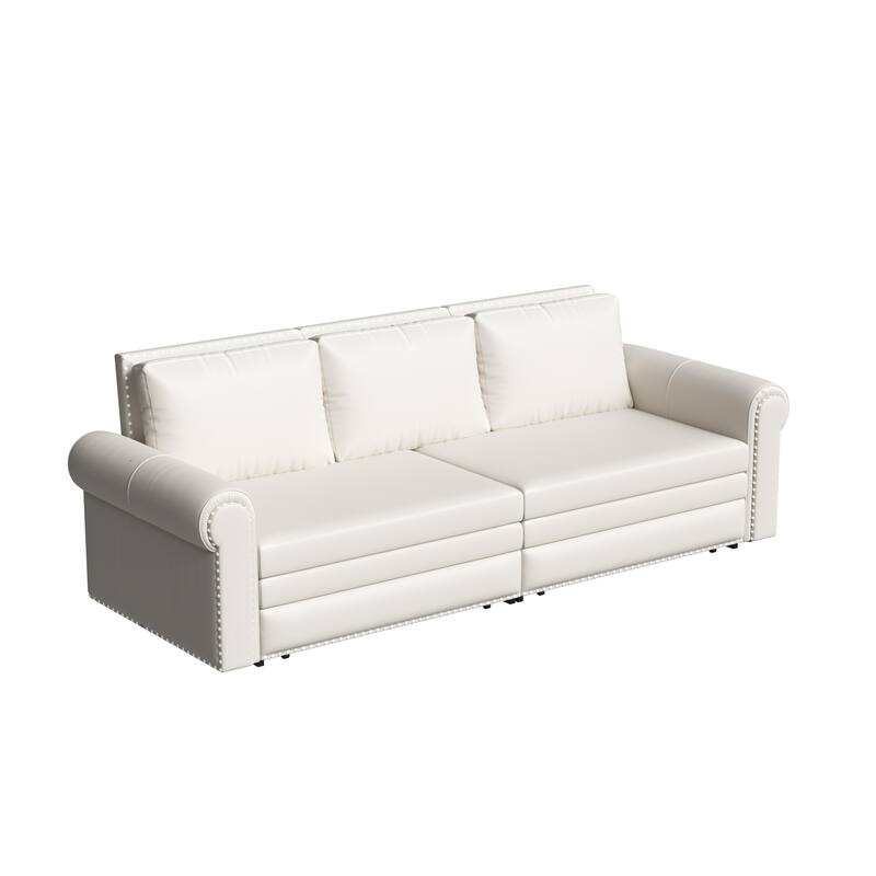Chesterfield Sofa, 93.7" Faux Leather Convertible Sleeper Sofa Bed, Vintage 3-in-1 Pull Out Couch w/ Nailhead Trim & Rolled Arms