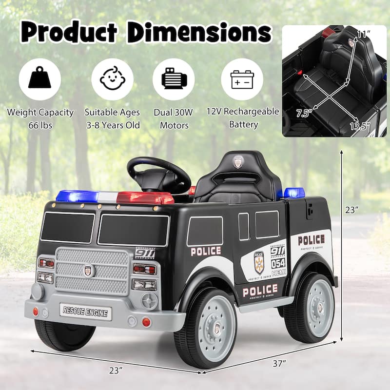 Gymax Kids Ride on Police Car w/ 3 Speeds Megaphone Music FM Radio