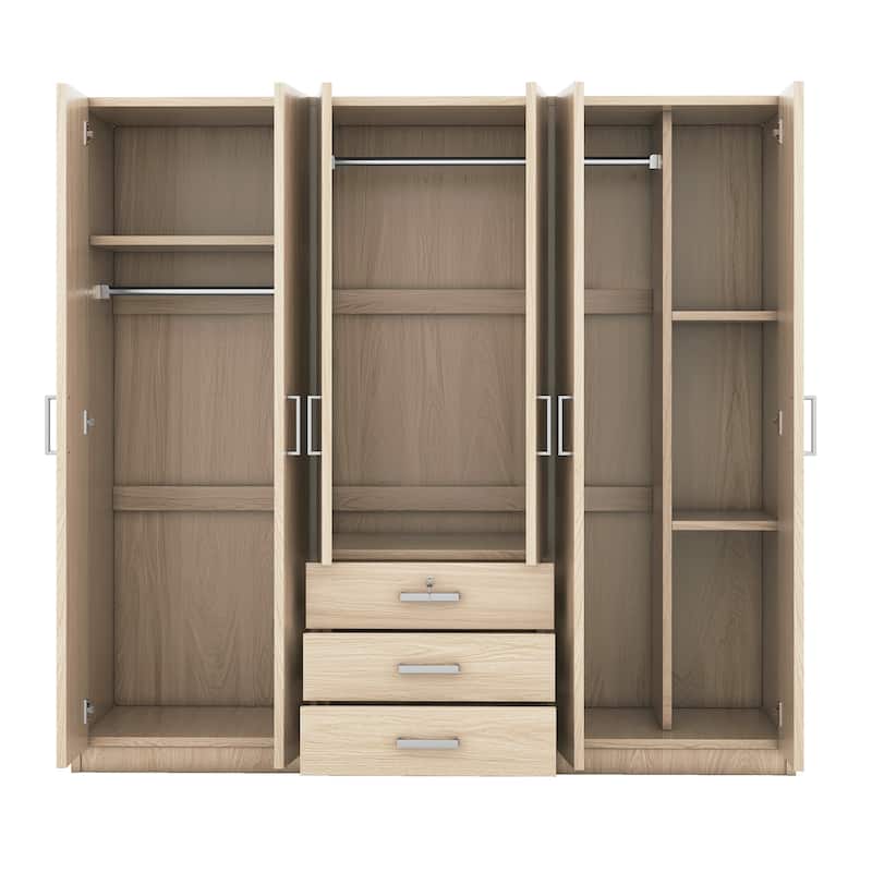 6-Doors Wardrobe Armoire with 3 Drawer, Shelves and Hanging Rail