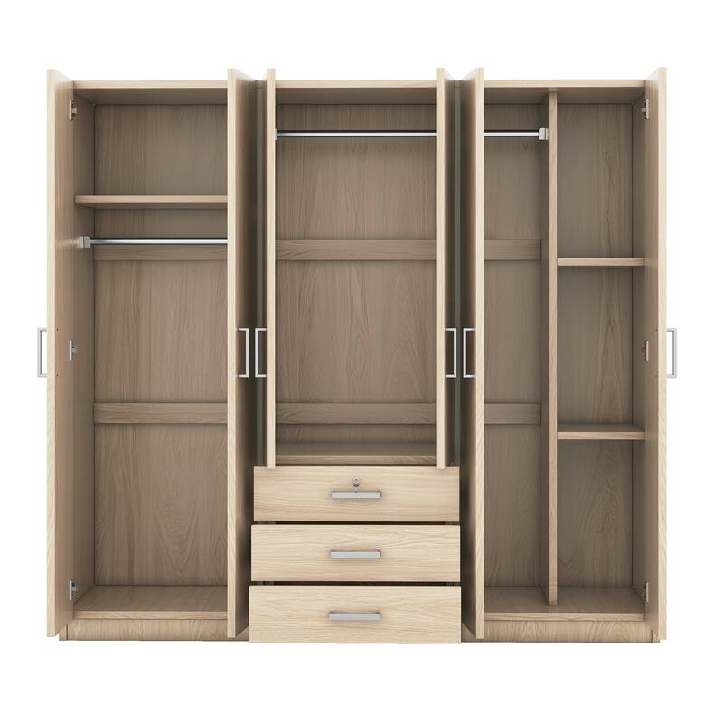 Modern Clean 6-Doors Wardrobe Wooden Armoires with 3 Storage Drawers and Built-In Hanging Rod Design