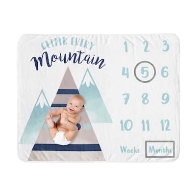 Watercolor Mountains Boy Girl Baby Monthly Milestone Blanket - Navy Blue Aqua and Grey Aztec Gender Neutral Climb Every Mountain