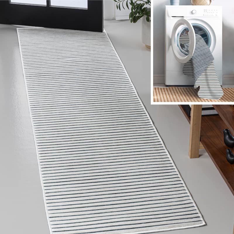 JONATHAN Y Reversible Pollux Classic Coastal Pinstripe Machine-Washable Navy/Cream Indoor/Outdoor Area Rug - 2 X 8