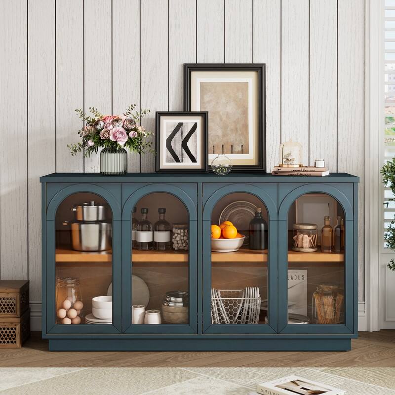 Spruce & Spring 4-Door Large Storage Buffet Cabinet with Glass Doors - Navy