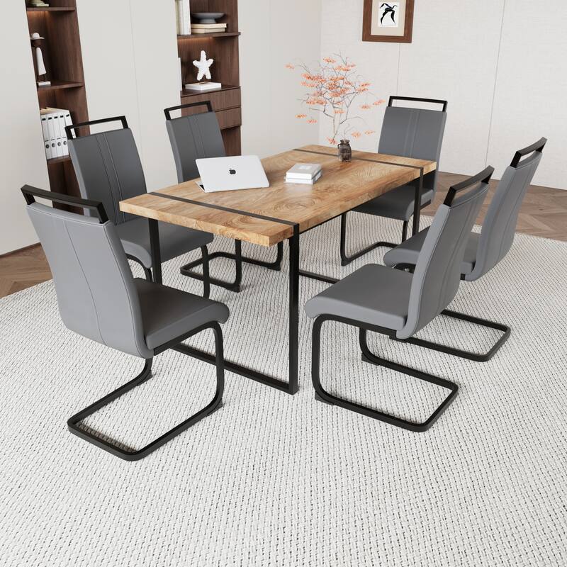 7-Piece Dining Table Set with Wood Grain Tabletop, Chair with C-shaped Bases, Ergonomically Curved Backrest