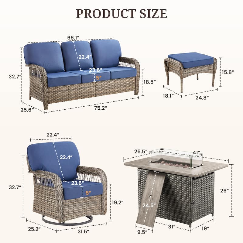 Pocassy Patio Sofa Ottoman Swivel Chair Table with Fire Table Set.