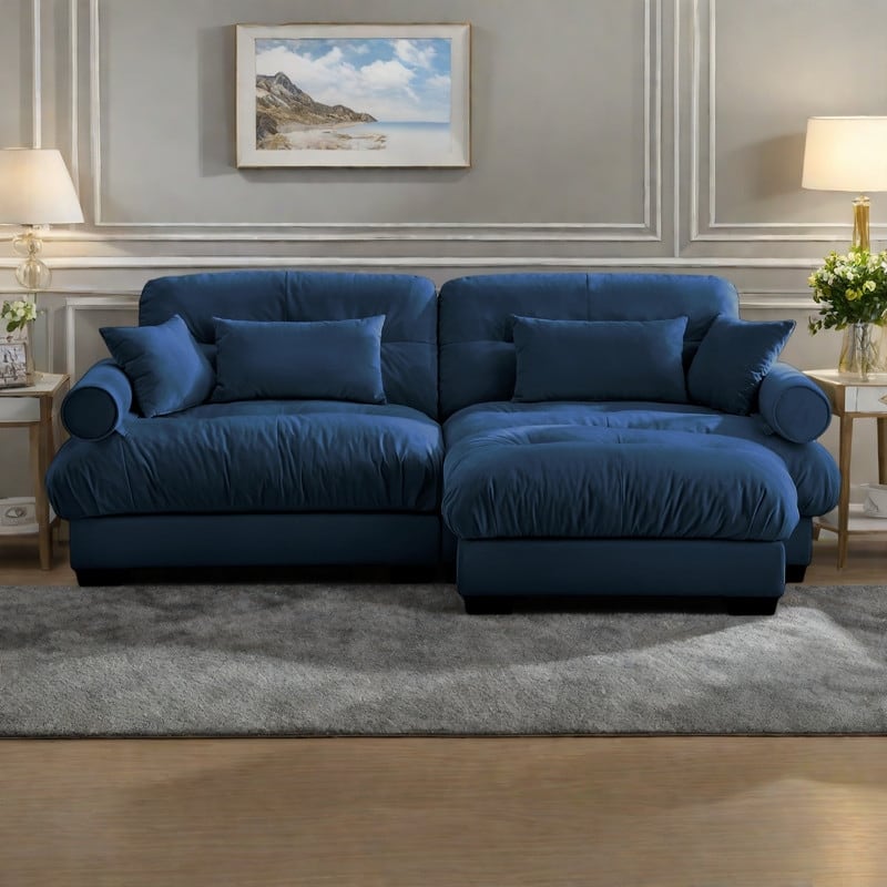 93.7" Oversized Velvet 2-Seater Sofa with Ottoman, Round Bolster Armrests, and Included Pillows