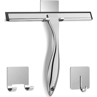 Multi-function Stainless Steel Shower Squeegee with 2 Adhesive Hooks, 10 Inch