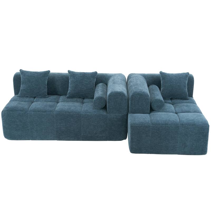 101.2" Blue Chenille Sectional Sofa, Modular, Deep Seating, 2 Side Pockets