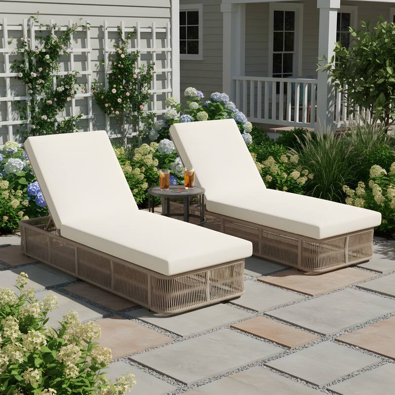 Christopher Knight Home - Outdoor 5-Position Adjustable Sunlounge Set with Woven Rope Base & Ceramic Tile Side Table - 5-piece Set-Beige+Black