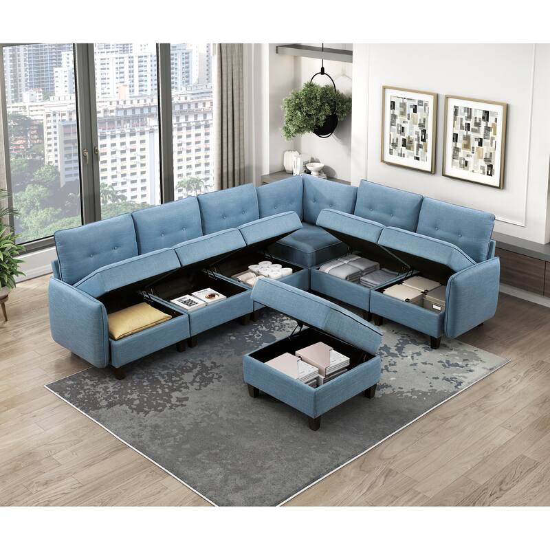 Living Room Furniture Storage Ottoman Blue Tufted Solid Wood Modern Comfort 1pc