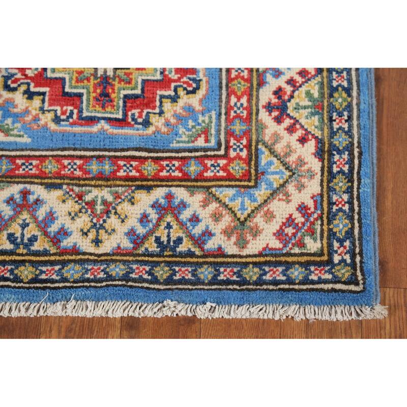 Geometric Blue Kazak Oriental Accent Rug Hand-Knotted Wool Carpet - 2'1"x 2'10"