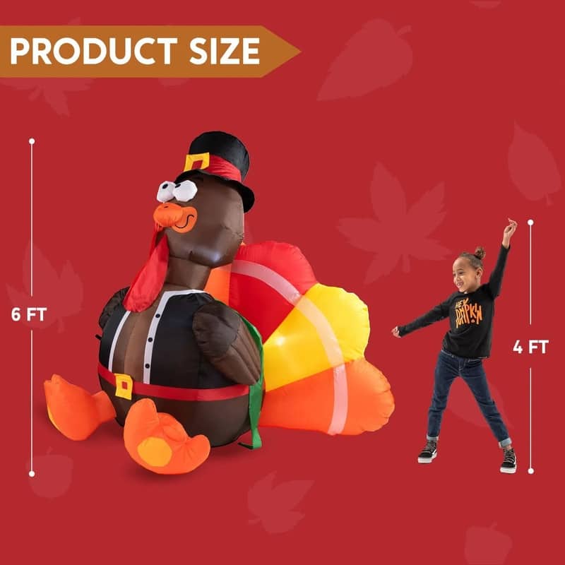 Joyfy 6ft Inflatable Turkey With LED Lights And Pilgrim Hat