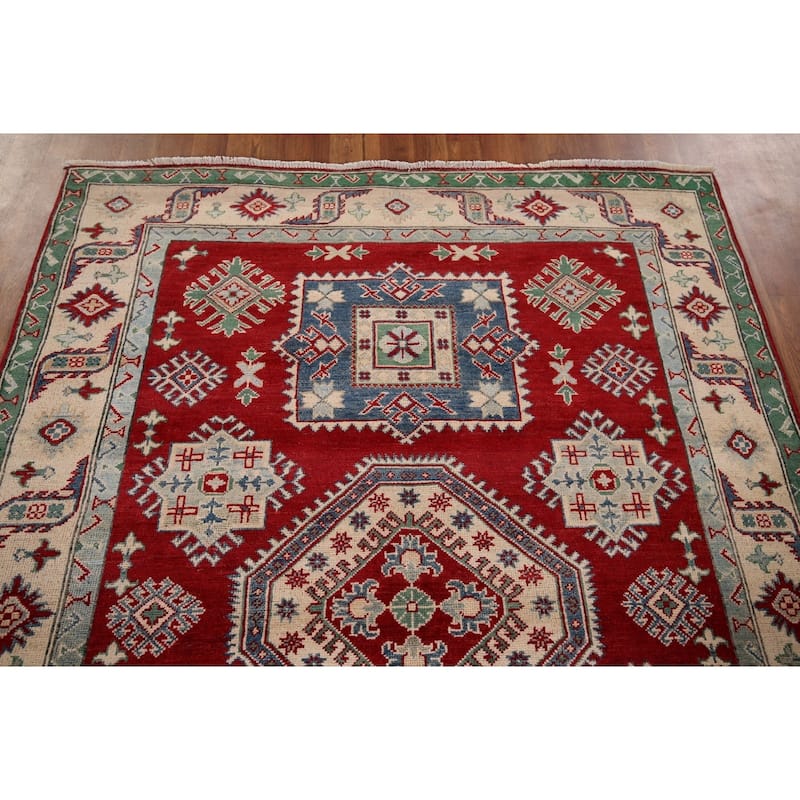 Geometric Red Kazak Oriental Area Rug Hand-Knotted Wool Carpet - 5'1" x 6'8"