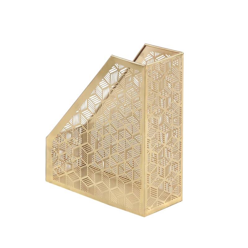 Gold Metal Single Slot Geometric Magazine Holder with Laser Carved Design